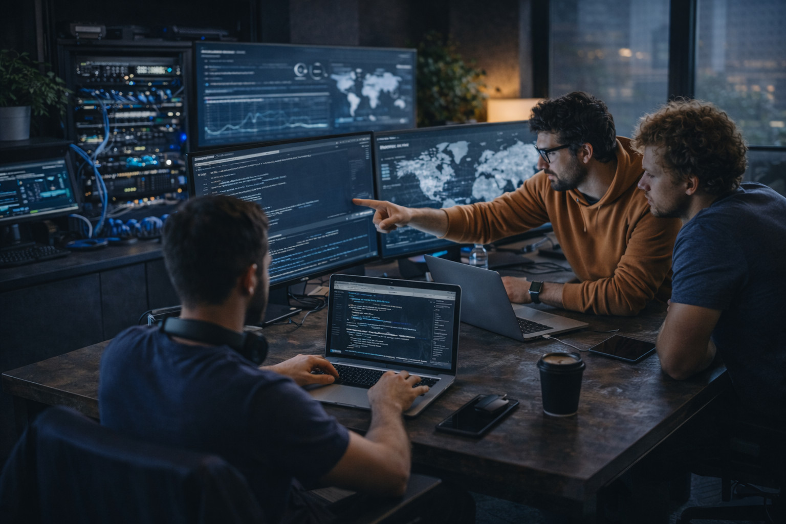 men sitting in front of their laptop computer